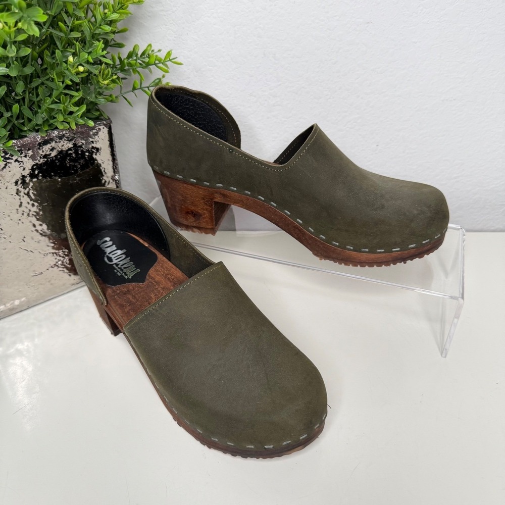 Sandgrens Brett Closed Back Clogs Green Nubuck Leather Wood Boho 40EU/9-9.5US